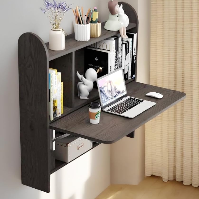 Fold-down wall-mounted desks with shelves